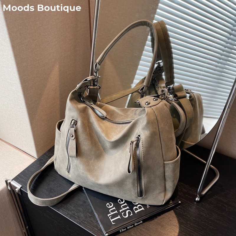 MOODS Retro Shoulder Bags For Women Frosted Leather Dual Straps Crossbody Bag 2023 Winter Big Capacity Bucket 240813