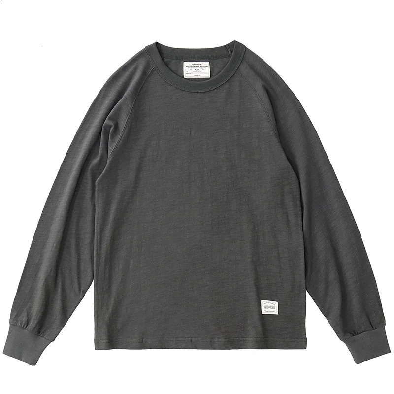 Autumn American Retro 210g Long Sleeve O-neck Solid Color T-shirt Mens Fashion 100% Slub Cotton Washed Casual Loose Tops 240812