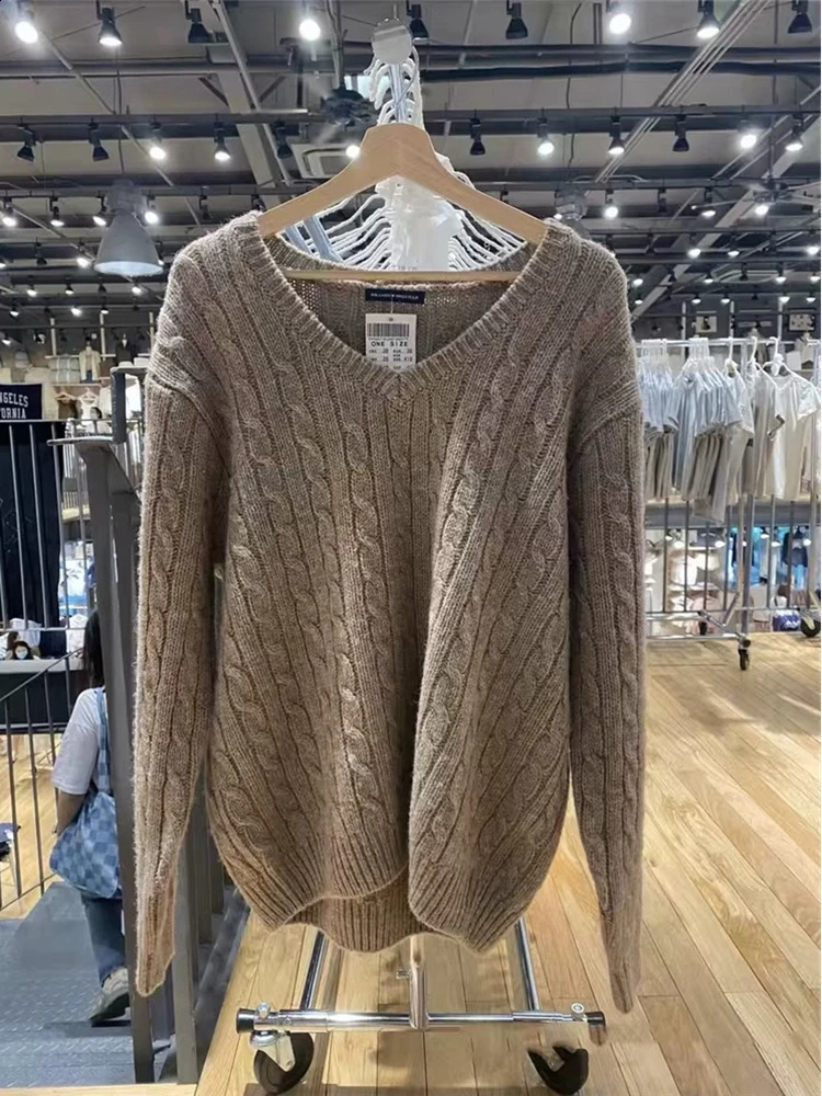 Causal Women Solid Color V-Neck Knit Sweaters Autumn Chic Elegant Long Sleeves Sweaters Vintage Female Loose Knitwear 240813