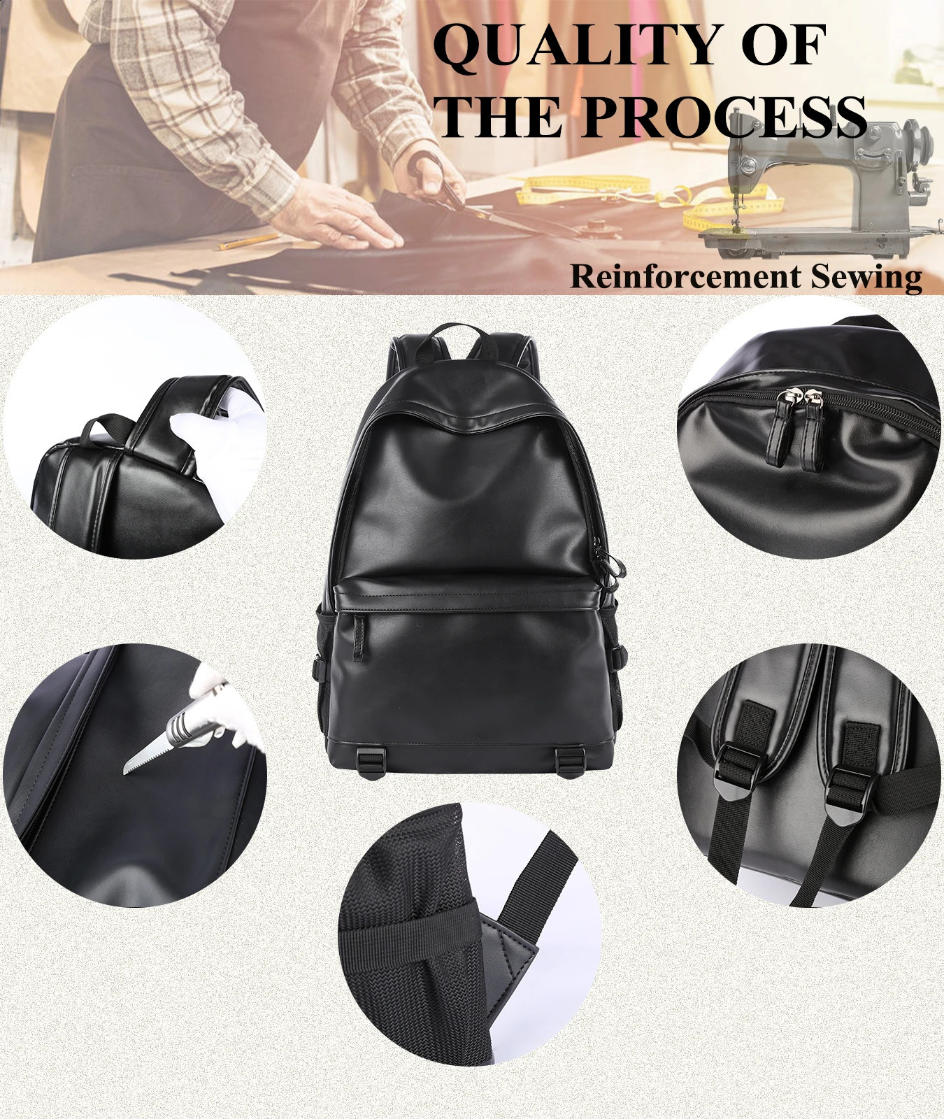 Black leather mens business travel backpack waterproof Daypack PU 16 inch laptop 240813