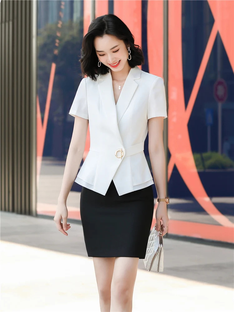 Summer twopiece womens short sleeved jacket and mini skirt elegant fashionable 2piece set 240812