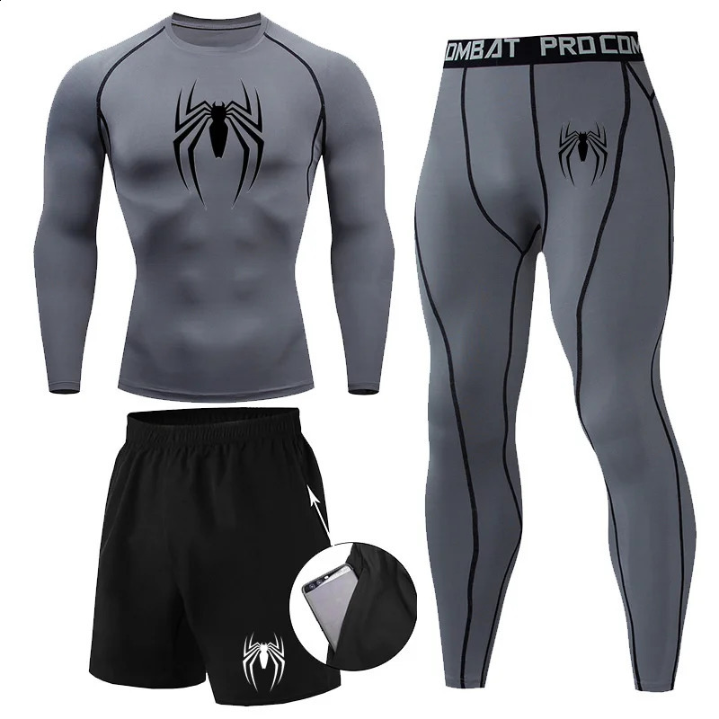 Men 3Pc Set Compression Sports Suit Spider Thermal Underwear Long Johns Clothes Running Tracksuit Wear Exercise Workout Tights 240812