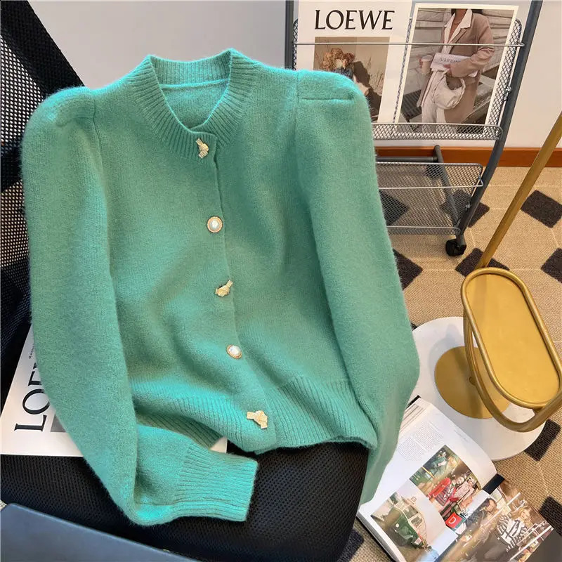 Knitted Cardigan womens Autumn Winter Korean Loose Solid Color Round Neck Sweater Coat Fashion Elegant Cardigans 240813