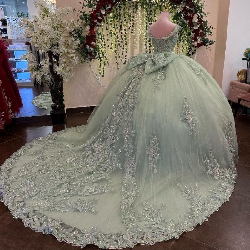 Sage Green Sparkly Quinceanera Dresses Applique Beads With Big Bow Off Shoulder Corset vestido de 15 anos Sweet 16 Lace Up