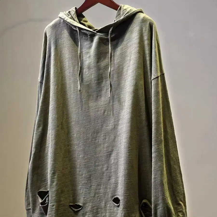 Summer Ripped Hole Men Long Sleeve Hooded Sweatshirts Fashion Simple Personality Casual Literary Loose T Shirts Top Daily Travel 240812