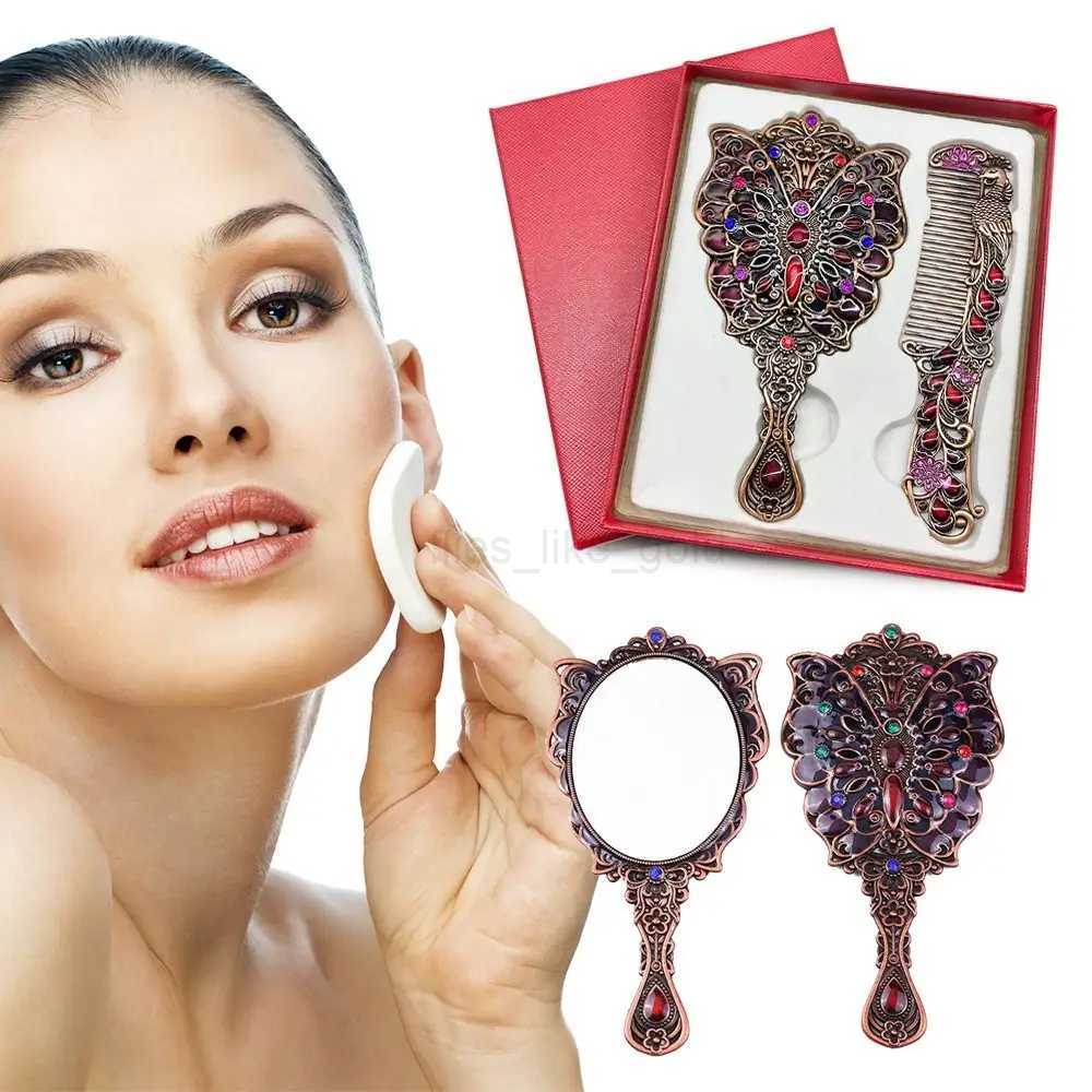Retro Small Mirror with Metal Handle Retro Peacock Open Screen Makeup Mirror Comb Set Portable Handheld W240813