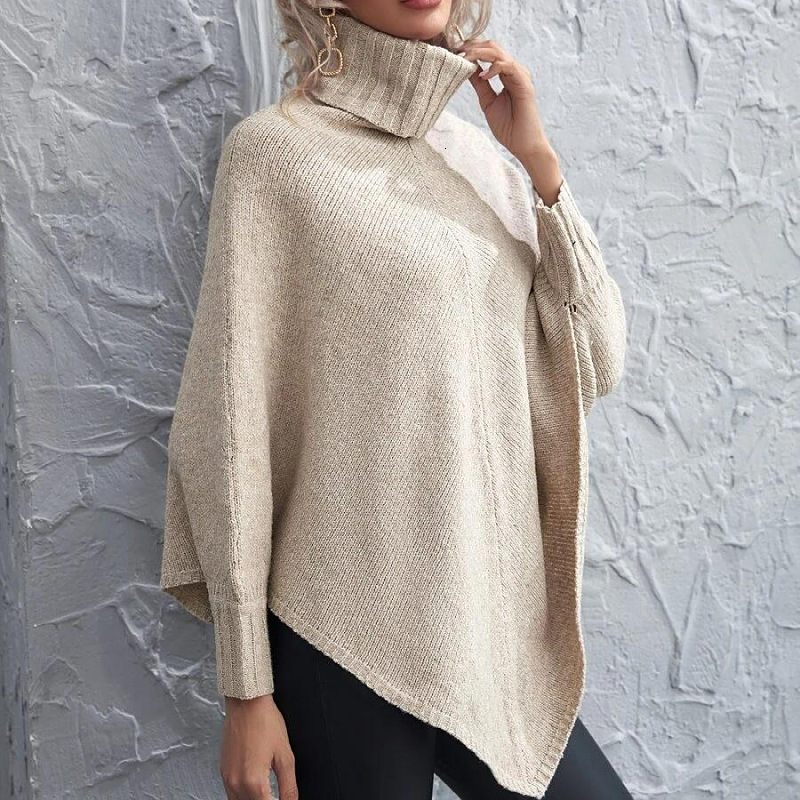 Autumn/Winter High Neck Top Long Sleeve Solid Color Off Shoulder Irregular Knitted Sweater Coat