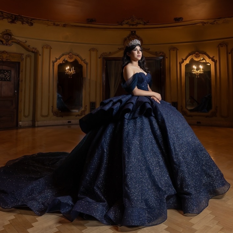 Sparkly Princess Navy Blue Off Shoulder Quinceanera Dresses Ball Gown 2025 Sweetheart Beads Crystal Sweet 16 Vestidos De 15 Anos