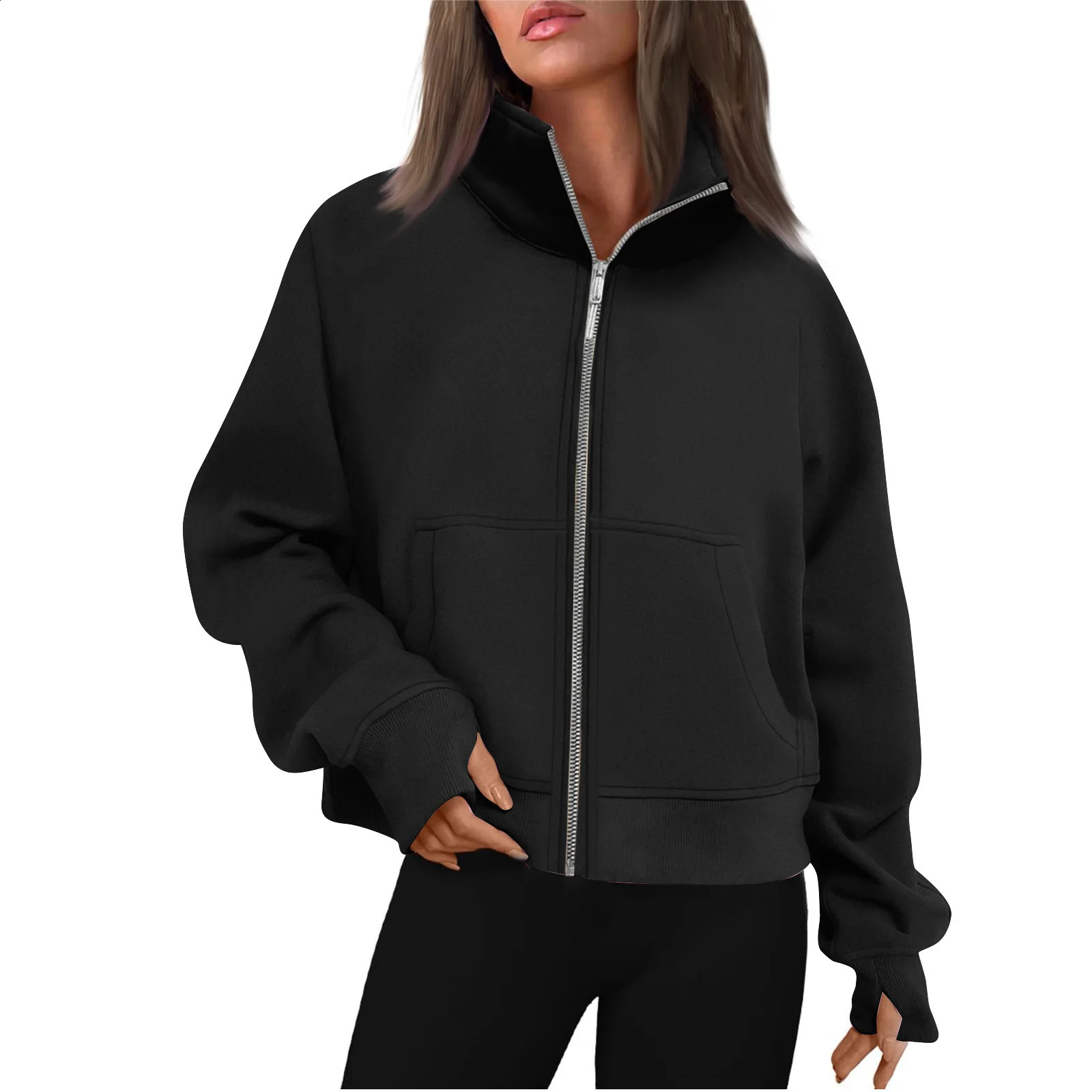 Autumn Winter Fashion Women Cotton Fleece Long Sleeves Thumb Hole Zipper Short Stand-Up Collar Thick Cardigan Sports Hoodie 240812