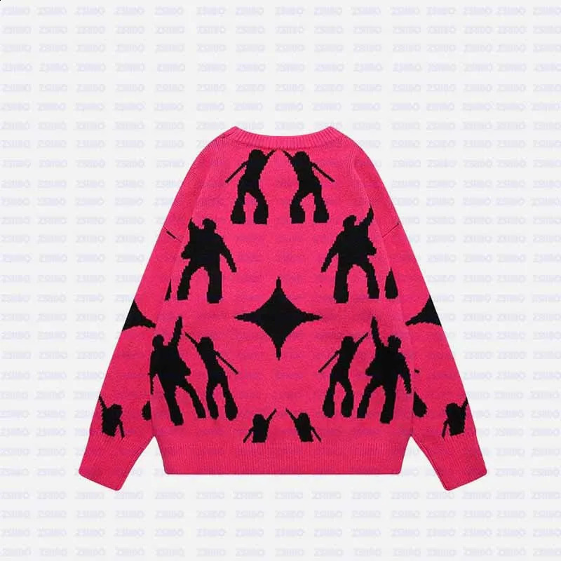 Womens Knitting Gothic Anime Print Pattern O Neck Pullover Sweater Streetwear Girls Oversized Harajuku Knitwear Mens Y2k 240809