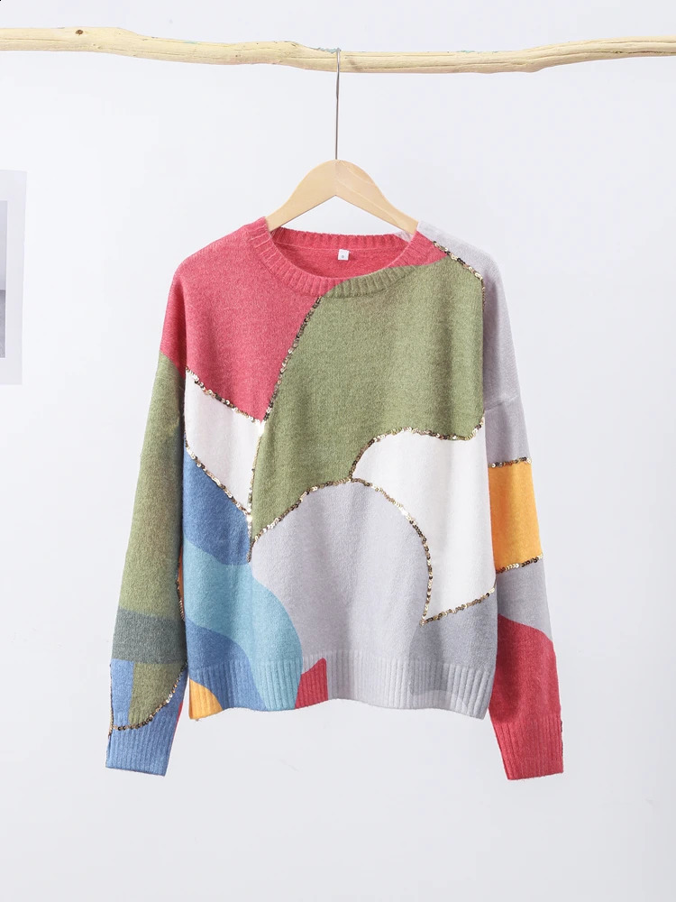 Clearance Sequin Knit Pullover Women Colorful Sweater long Sleeve O-neck Casual Female Sweaters 2024 Spring Casual Lady Outwear 240813