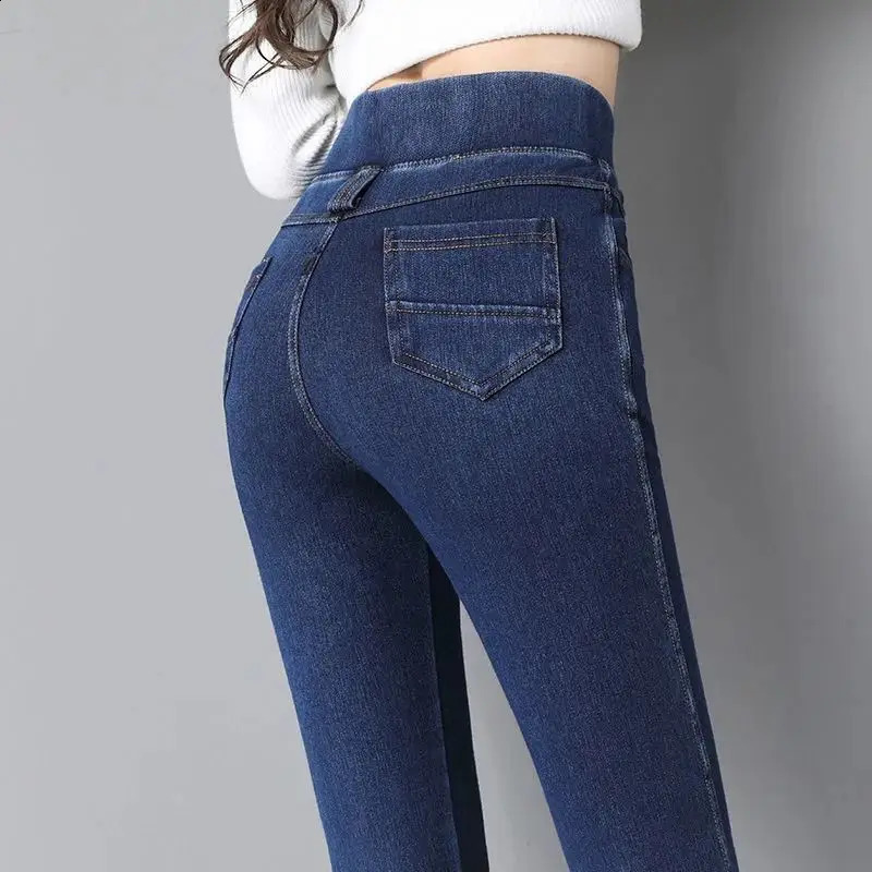 Korean Fashion Women Big Size Skinny Jeans Spring Autumn Streetwear Casual Trouser Denim Pockets Elastic High Waist Pencil Pants 240812