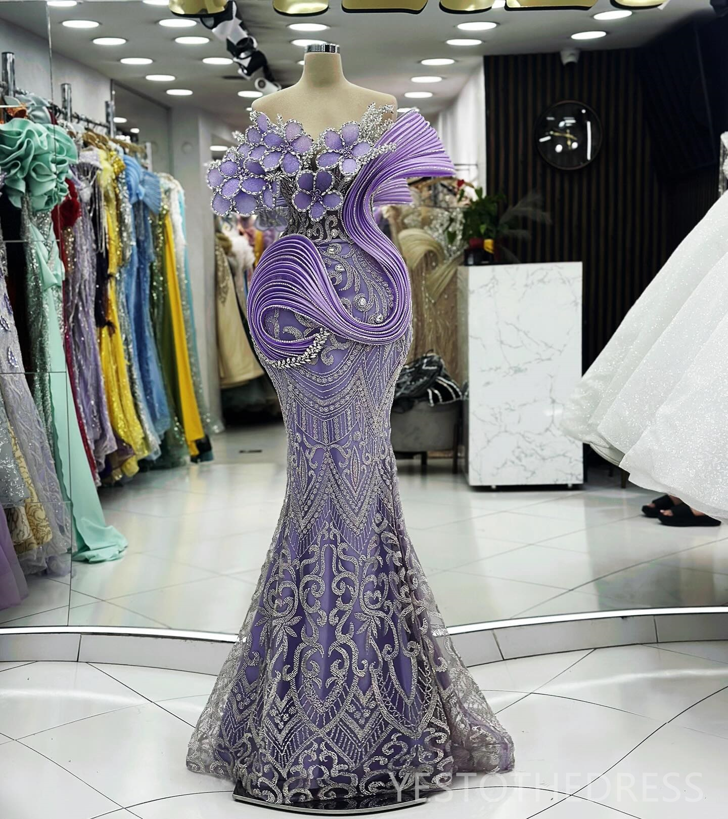 Elegant Purple Prom Evening Dresses Mermaid One Shoulder Beaded Lace Crystals Rhinestones Birthday Party Dress Vestido De soiree BC21018