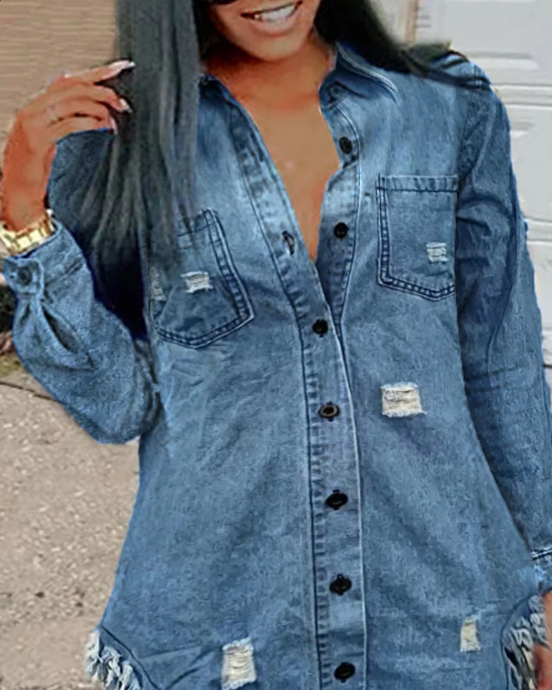Ripped Raw Hem Asymmetrical Denim Tops Casual Shirts Women Fashion Pockets Single Breasted Button Dress 240812