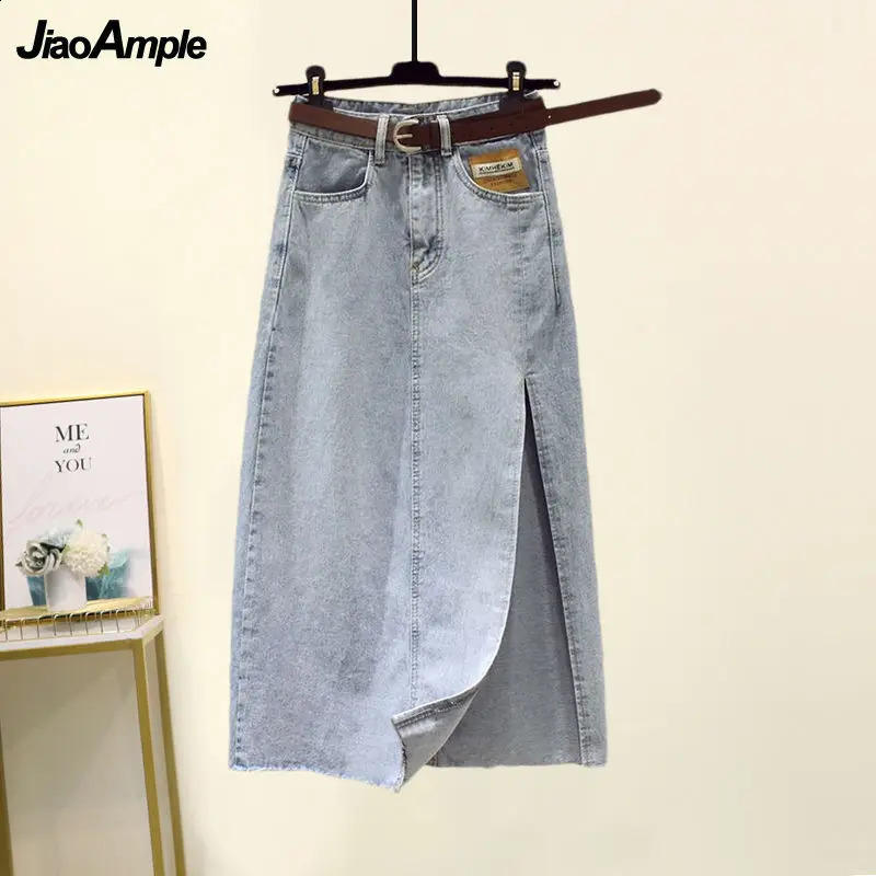 Womens Summer Skirt Suit 2024 Loose Shirt Top Slit Denim Skirts Two Piece Korean Elegant Fashion Blouse Midi Dress Set 240812