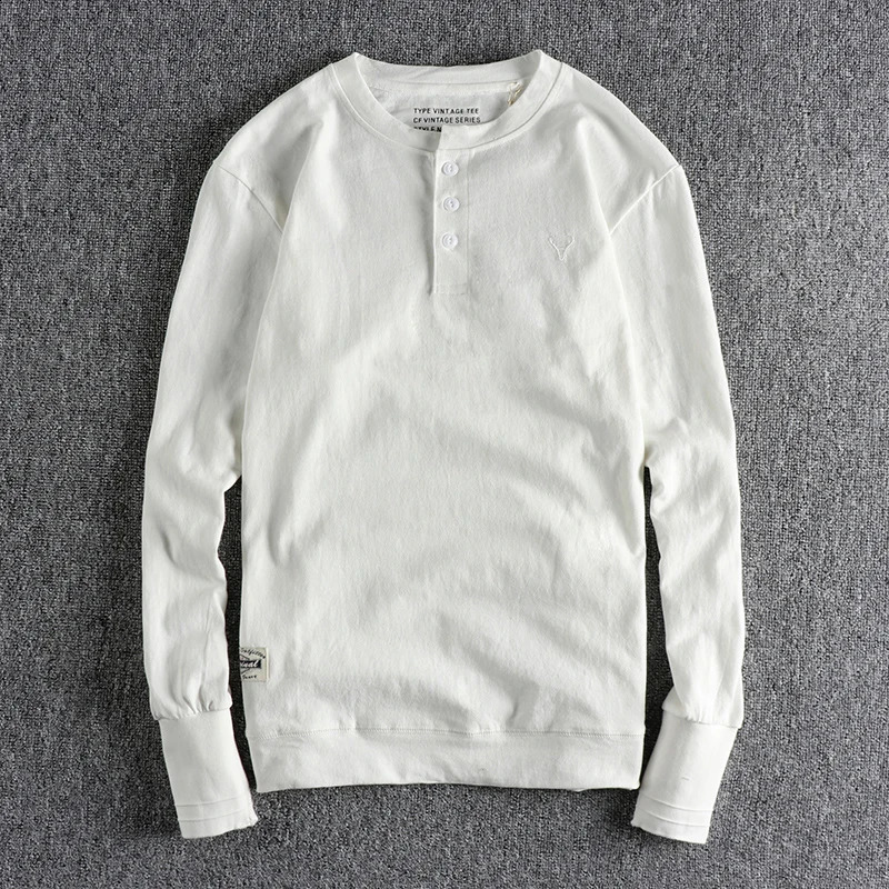 Autumn American Retro Long Sleeve Henry Collar Embroidery T-shirt Mens Fashion Pure Cotton Washed Slim Youth Casual Tops 240812