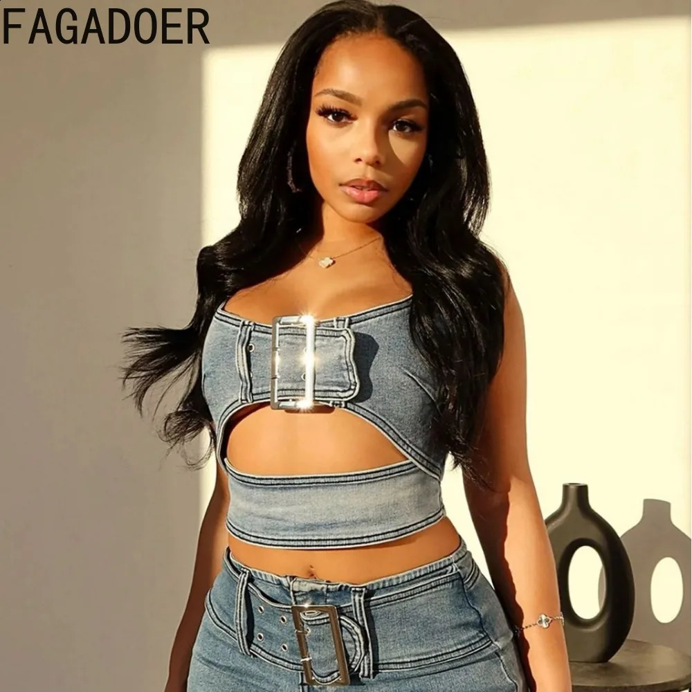 FAGADOER Blue Fashion Hollow Out Elasticity Denim Two Piece Sets Women Thin Strap Sleeveless Tank Top And Skirts Cowboy Outfits 240812