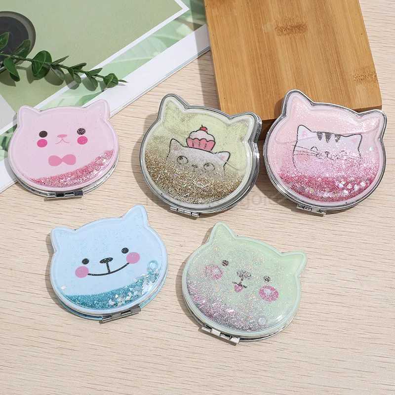 Cat double-sided makeup mirror portable Quicksand glitter cartoon cute girl gift hand mirror pocket double-sided makeup mirror W240813