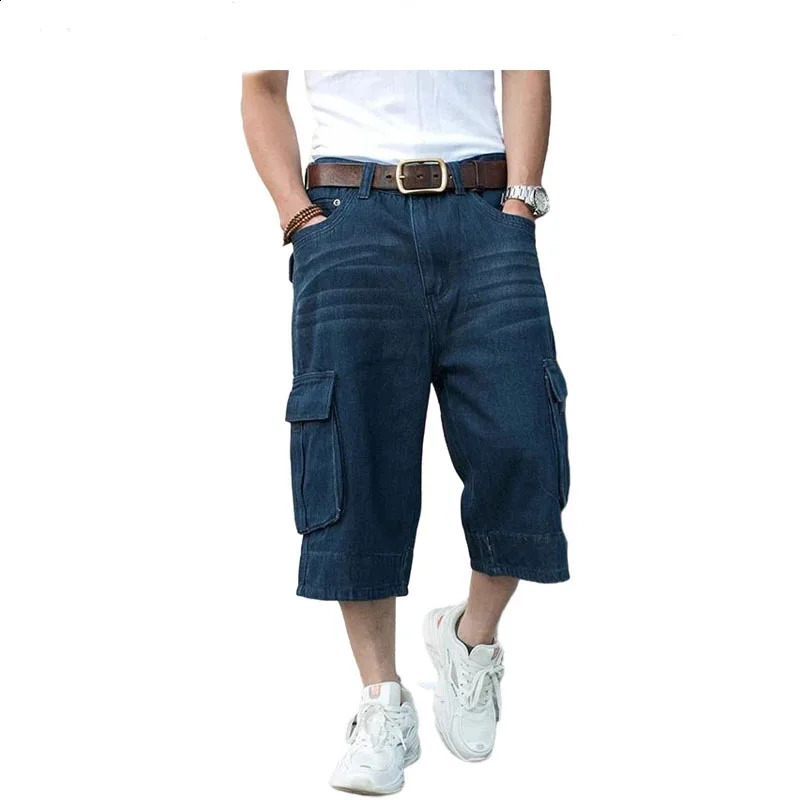 Mens Hip-Hop Wide-leg Denim Shorts Multi-Pocket Cropped Jeans Loose Cargo Jeans Men Plus Size 44 240812