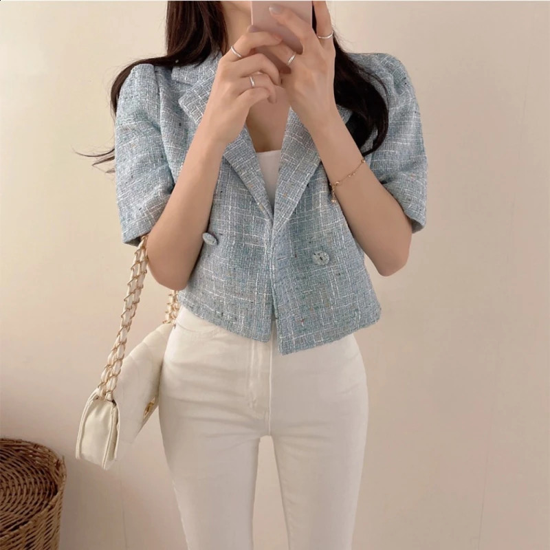 Summer Chic Elegant Suit Collar Autumn Womens Coat Double Row Two Buttons Loose Style Bubble Sleeve Tweed Short Female Jacket 240812
