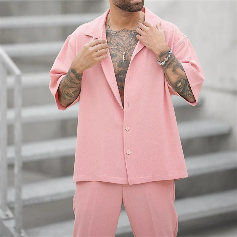 Summer mens 2piece casual short sleeved collared button up shirt and pants set top Trouser Streetwear 240812