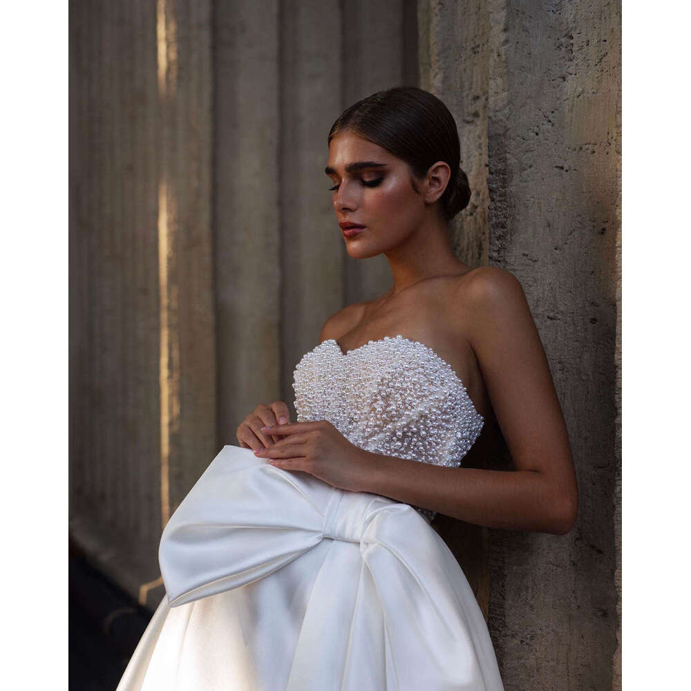 Popular A-e Gown Wedding Dresses Pearls Bow Sashes Satin Bridal Gowns High-Neck Big Vestidos De Novia Custom Size Colour