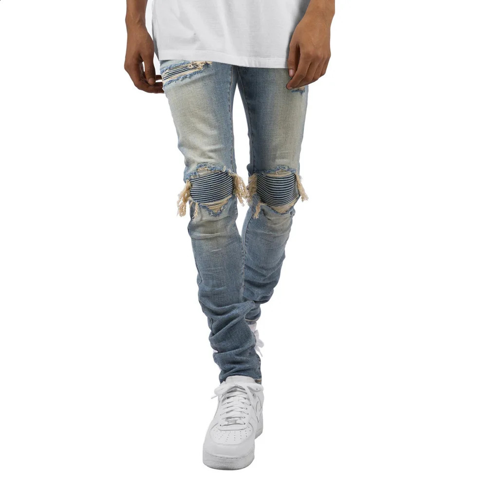 High Street Ripped Knee Distressed Mens Jeans Fashion Mens Bicycle Stretch Tight Jeans 240802
