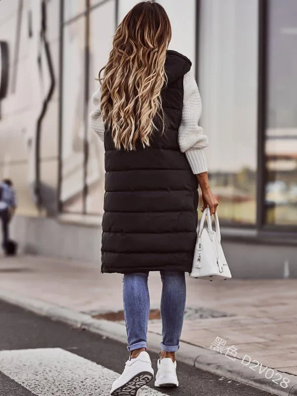 2024 Spring Womens Long Parkas Hooded Sleeveless Pockets Coat Female Trendy Winter Warm Fashion Casual Waistcoat Clothing Lady 240813