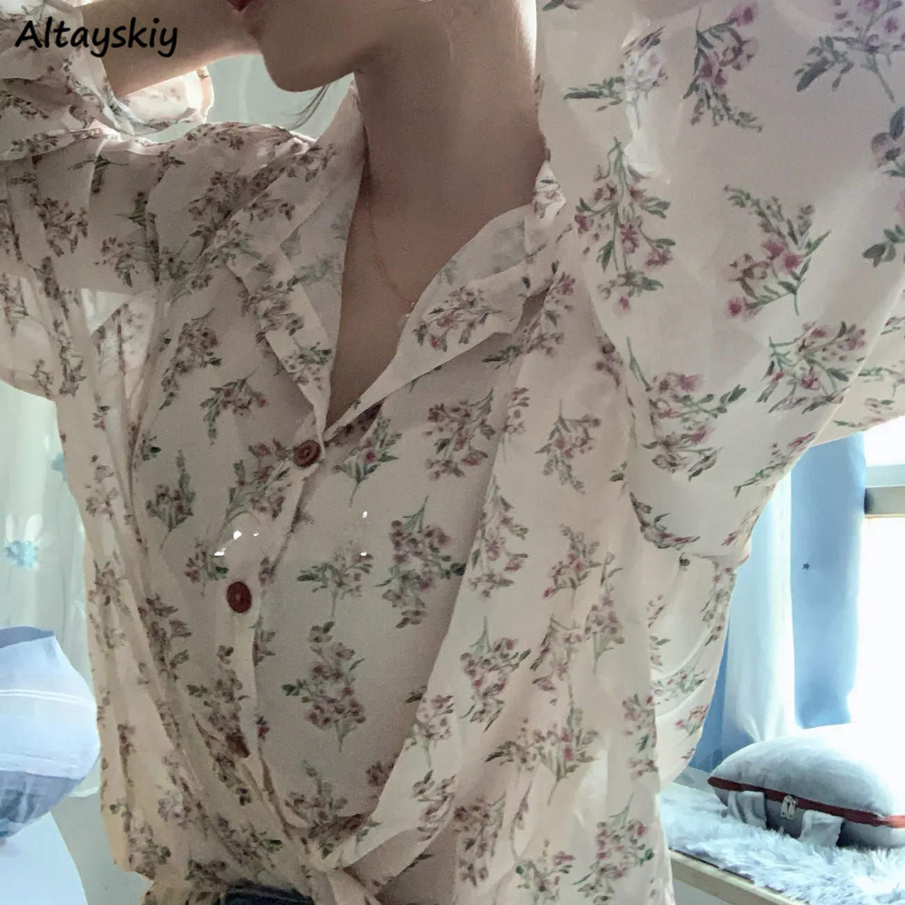 Blouse Shirts Women Summer S-3XL Simple Printing Long-sleeve