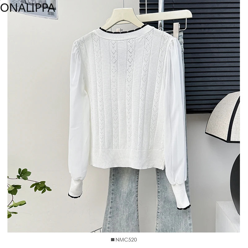 Onalippa Sweet Bow Hollow Out Knitted Cardigan Single Breasted Solid Long Sleeves Cardigans Preppy Style Loose Sweater Women 240812