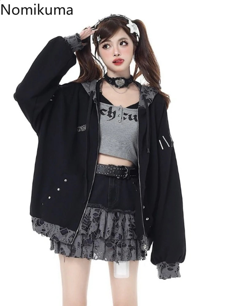 Harajuku Hole Zip Up Hoodies Women Clothing Fashion Japanese Y2k Jackets Ropa Mujer Hooded Casual Oversized Sweatshirts 240812