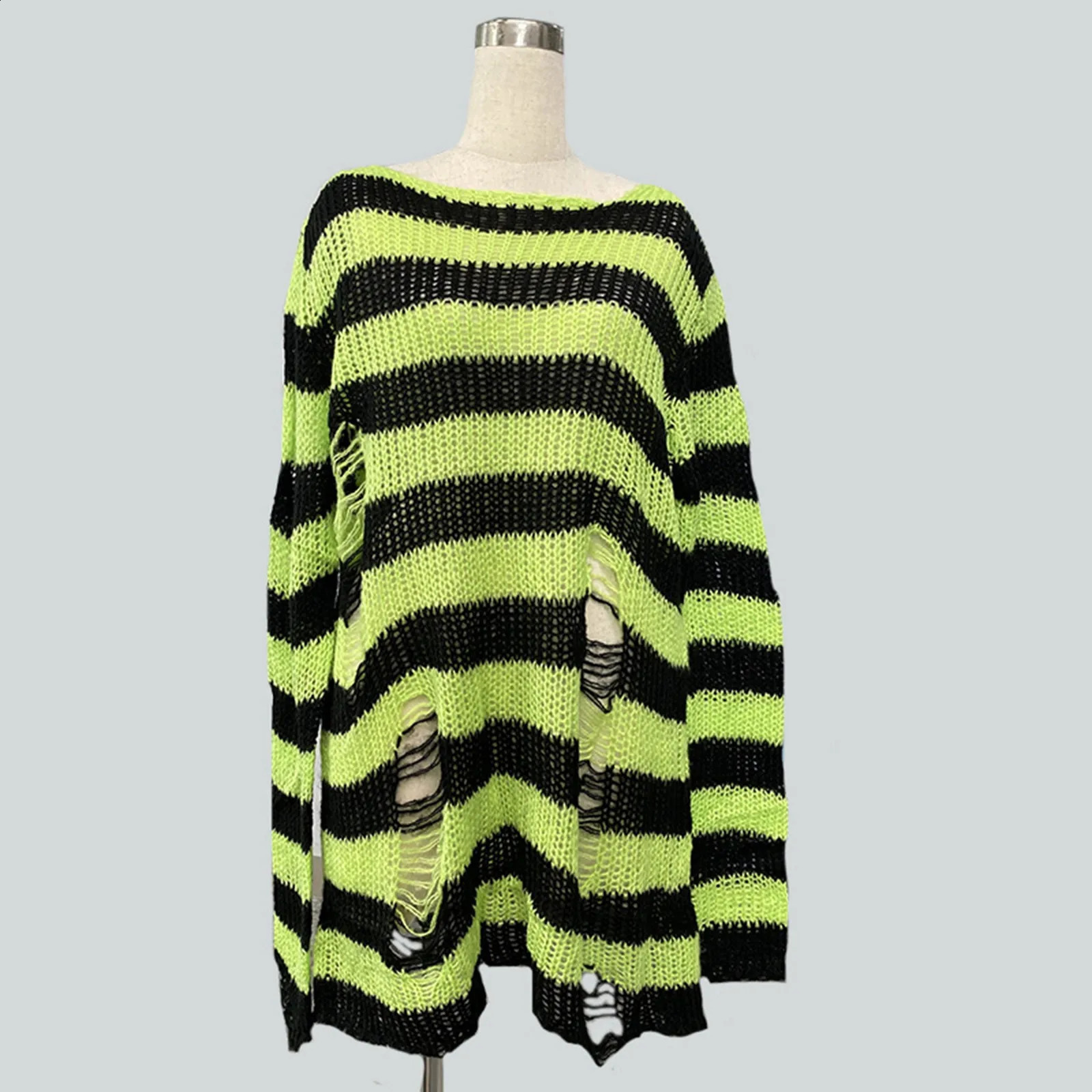 Goth Punk Gothic Sweater Oversized Pullovers Women Striped Cool Hollow Out Hole Broken Jumper Harajuku Aesthetics Sweate 240812
