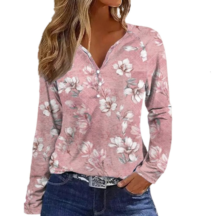 Women's Spring and Autumn Printed Shirt V-neck Long sleeved Top for Women