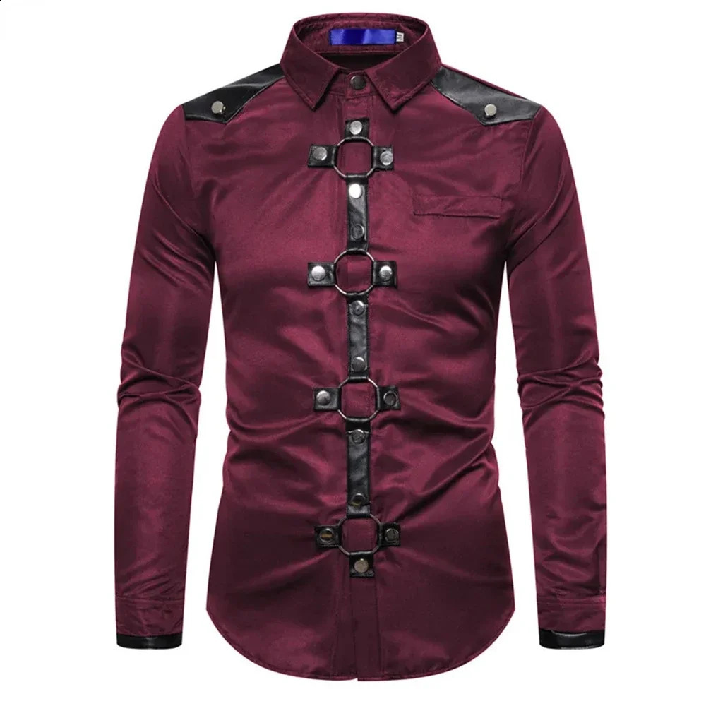 High quality mens Gothic style rivet solid color product shirt ultrathin fit clothing party stage 240812