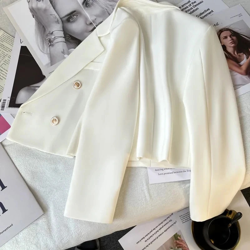 Autumn Fashion Blazers Women Temperament Solid Double Breasted Cropped Jacket Woman Basic All Match Suit Outwear Female 240813