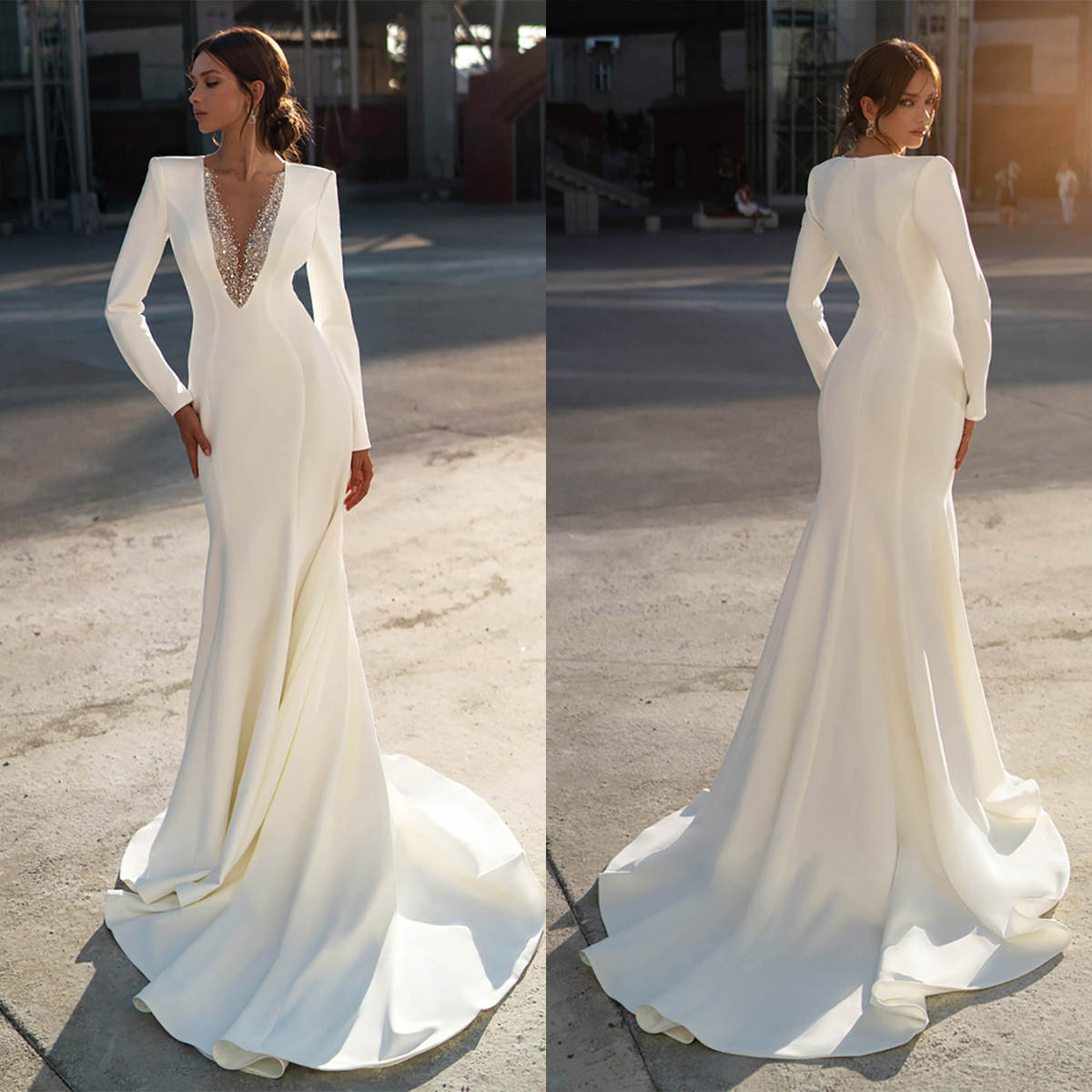 Elegant Mermaid Wedding Dress Beaded Sequins V Neck Long Sleeve Bride Gowns Ruched Sweep Train Satin Bridal Dresses