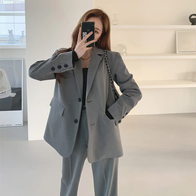 Autumn Office Womens Jacket Set Korean Loose Grey High Waist Wide Leg Pants 2piece 240812