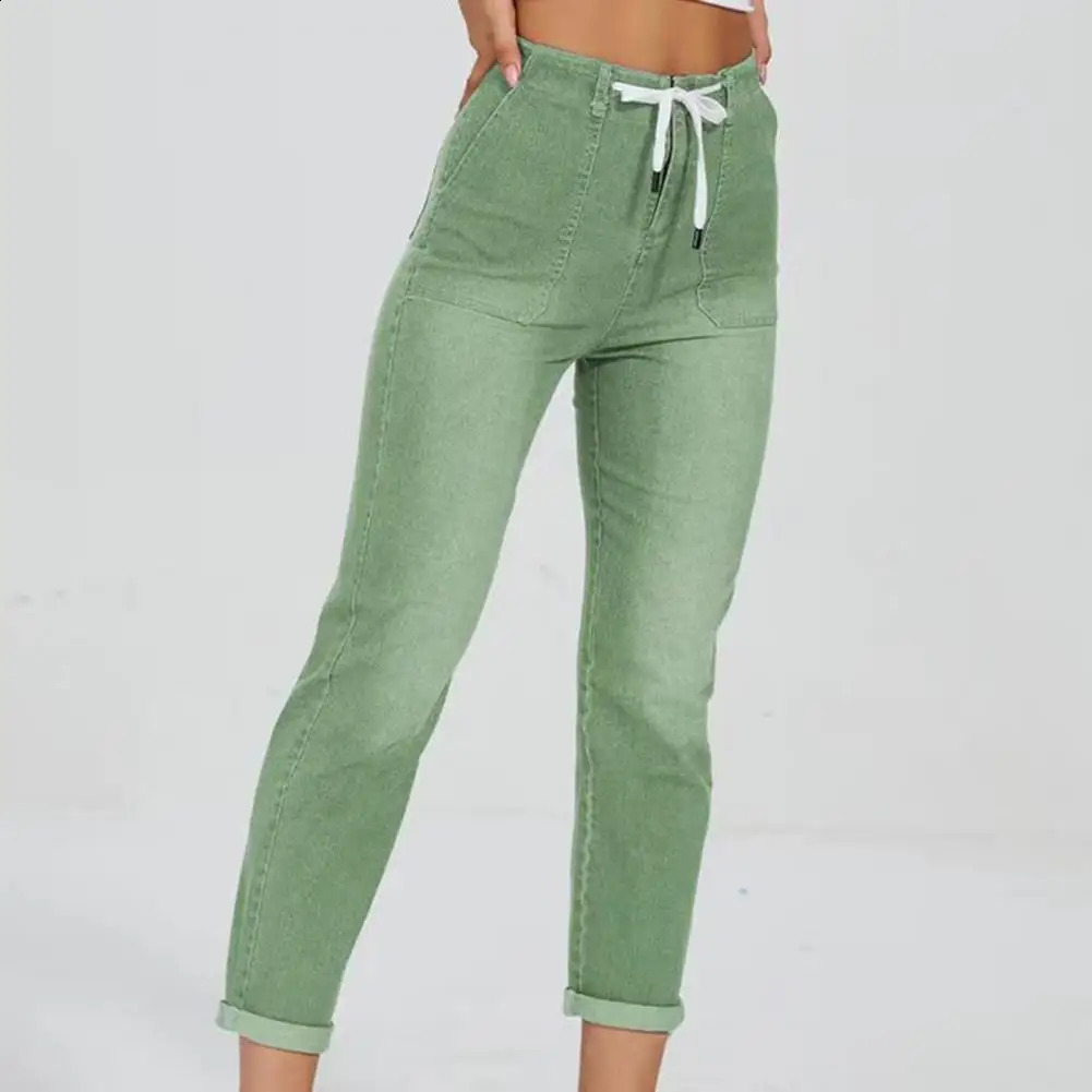 Women High Elasticity Jeans Solid Color Jeans Streetwear Denim Pants Womens Autumn High Waist Zipper Fly Lace-up Slim Fit Jeans 240813