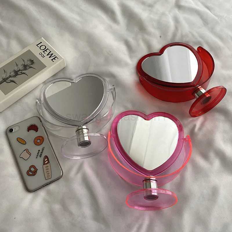 New Acrylic Double Side Makeup Mirror Heart Shaped Cosmetic Mirror Transparent Base Home Bedroom Desktop Make Up MirrorXJ240813