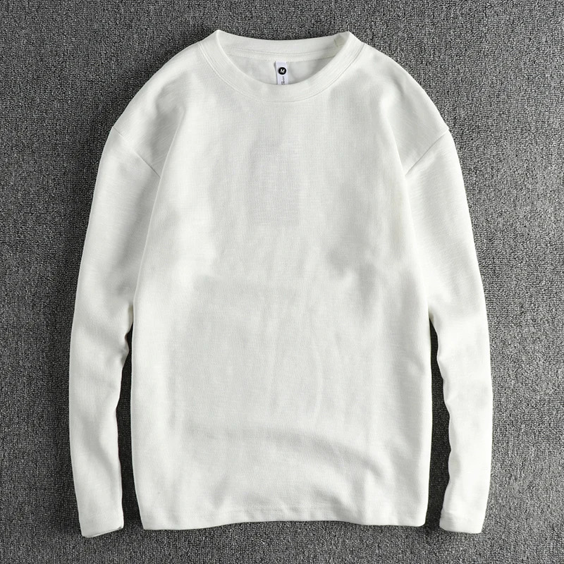 Autumn American Retro 310G Long-sleeved O-neck Knitted Solid Color T-shirt Mens Simple Slub Cotton Washed Casual Youth Tops 240812