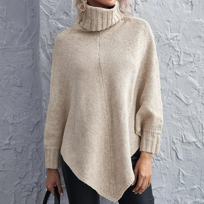 Autumn/Winter High Neck Top Long Sleeve Solid Color Off Shoulder Irregular Knitted Sweater Coat