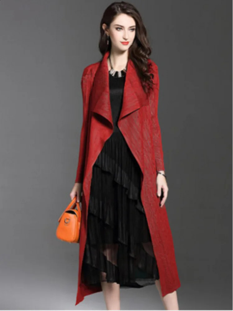 Women Fashion Pleated Long Windbreaker Turn Down Collar Open Cardigan Black Green Gray Red Khaki Female Clothing Coat Shawl 240813
