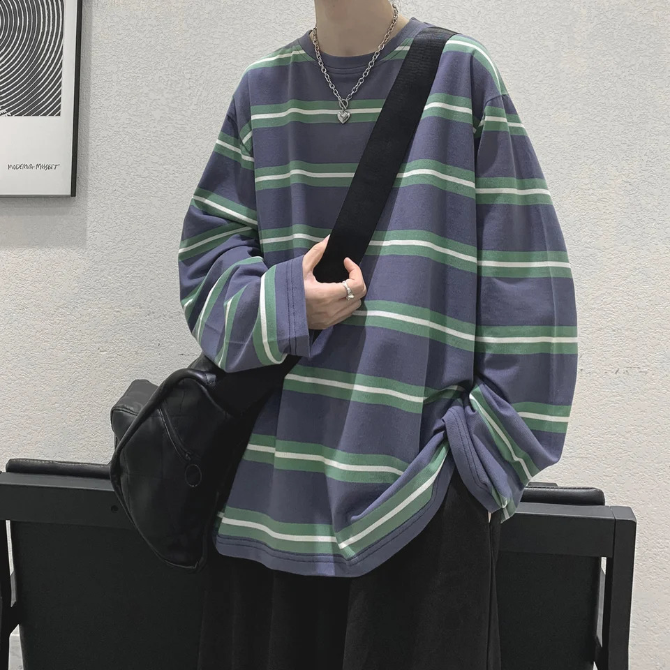 100% Cotton Loose Long Sleeve T-shirt Boys High School Students Hong Kong Style Striped Oversize Shirt 240812