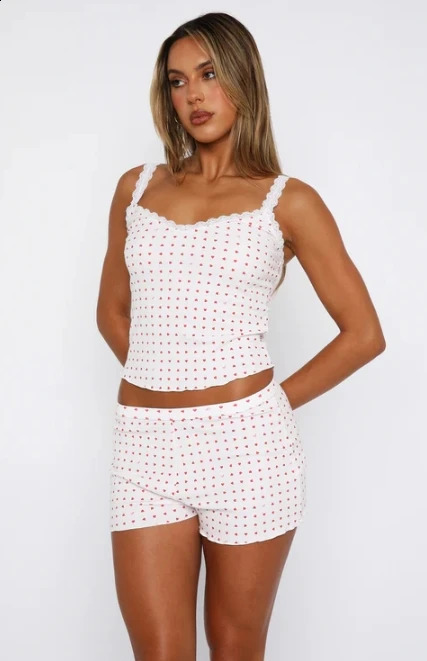 Summer Women 2 Piece Pajama Set Sleeveless Lace Trim Cami Tops Floral Shorts Sleepwear Sets Korean Chic pyjama Home Suit 240813