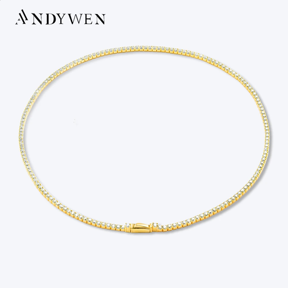 ANDYWEN 925 Sterling Silver Gold 2mm Tennis Chain Choker Necklace Long Chain 37.5cm Women Party Wedding Fine Jewelry 240812