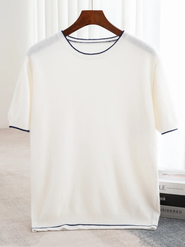 100% Merino wool short sleeved mens round neck floral vest spring and summer solid color knitted half sweater top 240812