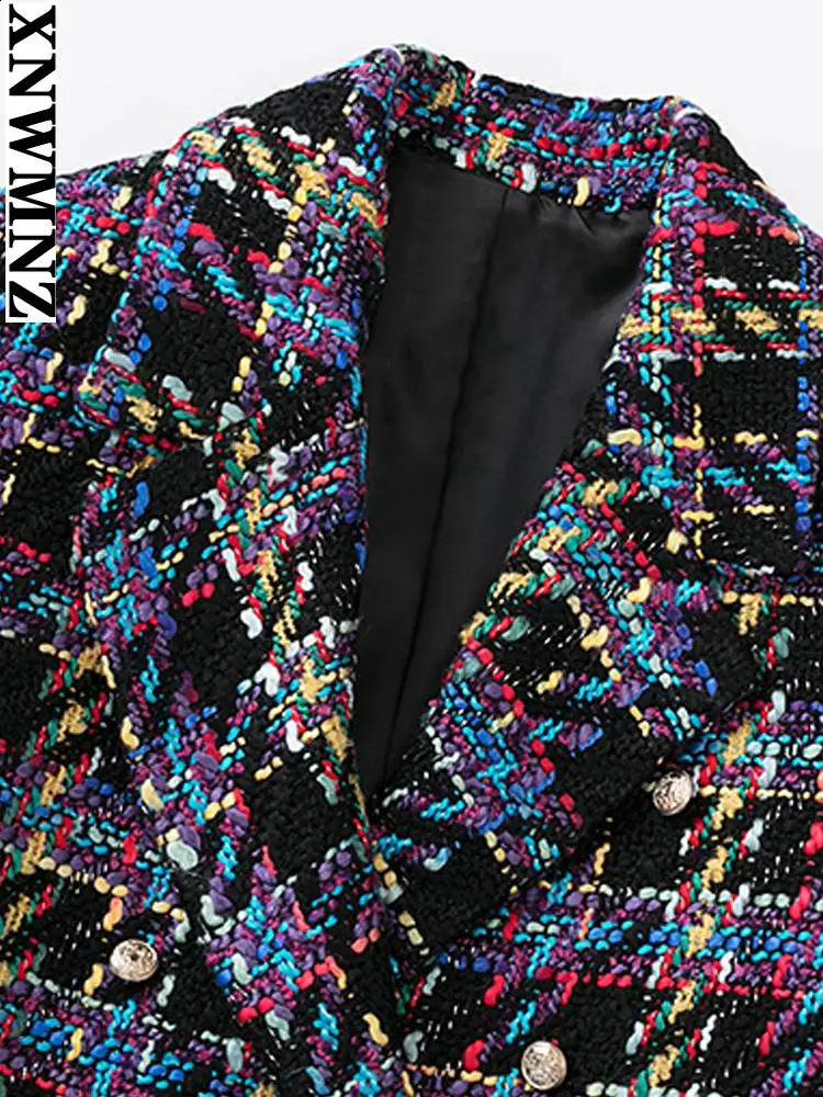 XNWMNZ womens jacket fashion double-breasted tweed cropped blazer vintage long sleeve female outerwear chic veste femme 240812