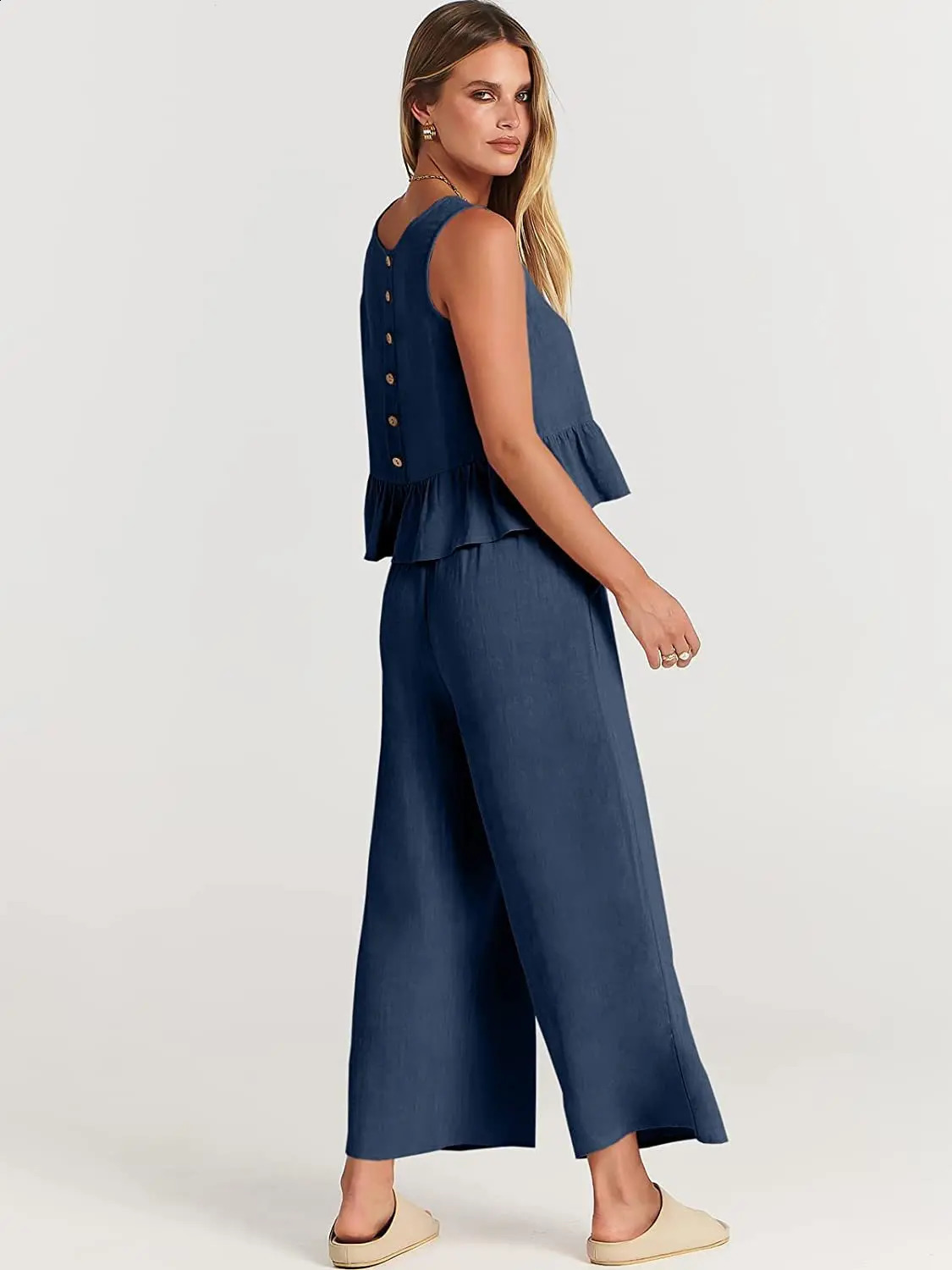 2024 Summer Two Piece Set Women Casual Sleeveless Pleated Pants Sets Wide-leg Loose Clothes 2 Piece Sets O Neck Trouser Suits 240813