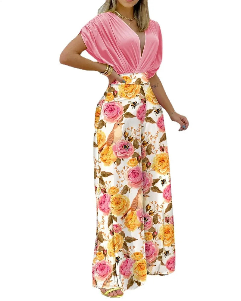 Women Print Suit Pullover Batwing Sleeve V-Neck Top Wide Leg Pants Set Two Piece Set Loose Casual Womens Clothing Summer 240813