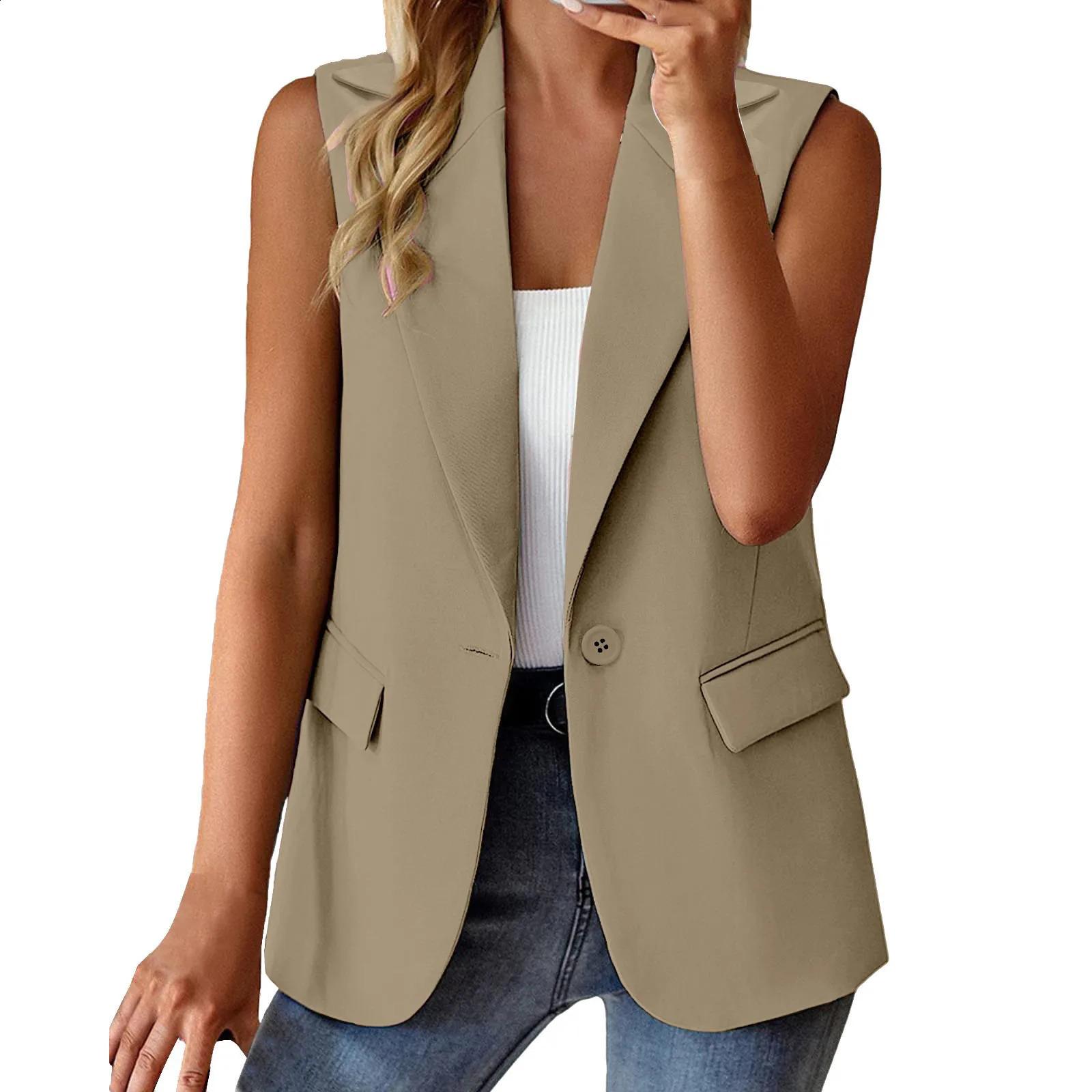Women Blazer Vest Solid Color Loose Cardigan Sleeveless Jacket Single Button Wasitcoat Female Formal Suit Coat Commute Clothing 240813